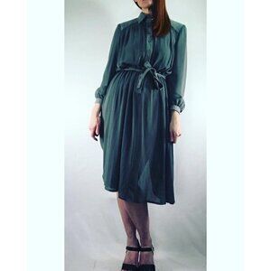 80's Vintage Gray Chiffon Midi Dress with Suede Accents and Belt